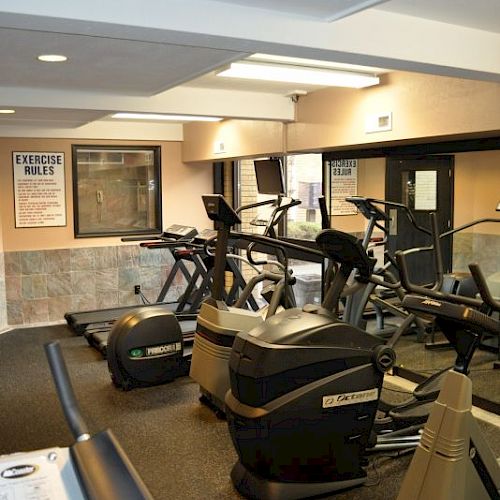 The image shows a gym with various exercise equipment, including treadmills, stationary bikes, and ellipticals, set up in a well-lit room.