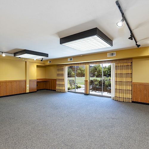 This image shows a spacious, empty basement room with yellow walls, carpeted floor, recessed lighting, and a sliding glass door with view of a garden.