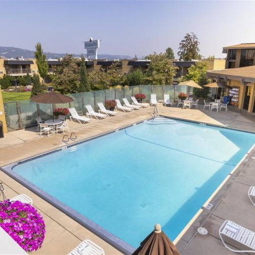 The image shows an outdoor pool area with several lounge chairs, umbrellas, and purple flowers, surrounded by buildings and trees under a clear sky.