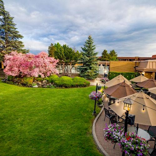 A landscaped garden with green lawns, pink blossoming trees, and outdoor seating under umbrellas by a building, captured under a cloudy sky.